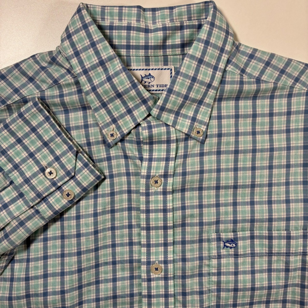 Southern Tide Button Down Shirt Medium Blue Green Plaid Classic Fit Stretch